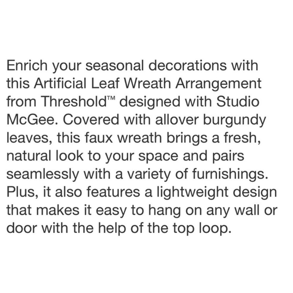 Studio McGee NWT Artificial Leaf Wreath Arrangement in Burgundy 26" - Picture 5 of 6